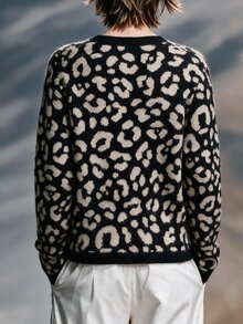 LUMIGAL Fall Casual Retro Vintage 70s 90s Leopard Print Fuzzy Knit Cardigan, Round Neck Short Length, Work Brunch Everyday, Women's Open Front Jacket Grey - Black - View 2