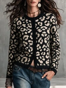 LUMIGAL Fall Casual Retro Vintage 70s 90s Leopard Print Fuzzy Knit Cardigan, Round Neck Short Length, Work Brunch Everyday, Women's Open Front Jacket Grey - Black - View 5