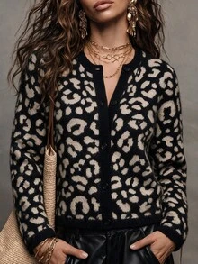 LUMIGAL Fall Casual Retro Vintage 70s 90s Leopard Print Fuzzy Knit Cardigan, Round Neck Short Length, Work Brunch Everyday, Women's Open Front Jacket Grey - Black - View 4