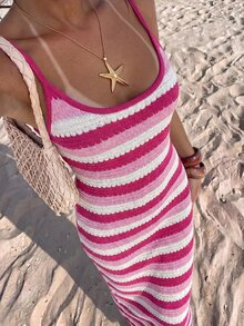 SHEIN Unity Spring & Summer Sleeveless Striped Contrast Color Knit Dress, Elegant Ladies Sweater Dress, Beach Outfit Dress - Multicolor - View 5