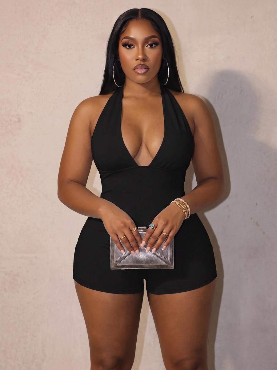 Slaydiva Plus Size Women's Casual Sexy Chest Ruched Backless Halter Jumpsuit, Suitable For Summer - Black - View 1