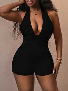 Slaydiva Plus Size Women's Casual Sexy Chest Ruched Backless Halter Jumpsuit, Suitable For Summer - Black - View 3