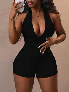 Slaydiva Plus Size Women's Casual Sexy Chest Ruched Backless Halter Jumpsuit, Suitable For Summer - Black - View 4
