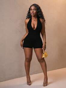 Slaydiva Plus Size Women's Casual Sexy Chest Ruched Backless Halter Jumpsuit, Suitable For Summer - Black - View 6