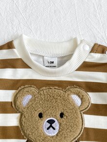 SHEIN Playful Pals 2件組新生兒男嬰運動衫長褲套裝，可愛甜美棕色條紋熊拼接設計，長袖圓領，休閒款，適合生日、秋季、假期、萬聖節趣味穿著 - 棕色 - 查看 7