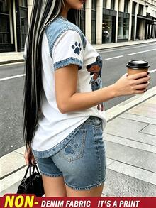 Rovax Women's Denim Effect Dachshund Print Short Sleeve T-Shirt And Shorts Casual Streetwear 2 Pieces Set Travel White Animal Print Blue Summer - Multicolor - View 4