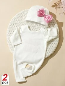 SHEIN HELLO WORLD 刺繡新生兒攝影套裝 搭配蝴蝶結 女嬰長袖連身褲 嬰兒拍照道具 柔和粉色與白色 - 白色 - 查看 7