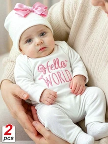 SHEIN HELLO WORLD 刺繡新生兒攝影套裝 搭配蝴蝶結 女嬰長袖連身褲 嬰兒拍照道具 柔和粉色與白色 - 白色 - 查看 4