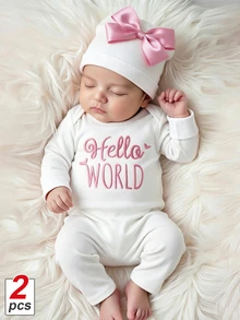 SHEIN HELLO WORLD 刺繡新生兒攝影套裝 搭配蝴蝶結 女嬰長袖連身褲 嬰兒拍照道具 柔和粉色與白色 - 白色 - 查看 2