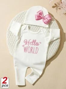 SHEIN HELLO WORLD 刺繡新生兒攝影套裝 搭配蝴蝶結 女嬰長袖連身褲 嬰兒拍照道具 柔和粉色與白色 - 白色 - 查看 3