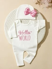 SHEIN HELLO WORLD 刺繡新生兒攝影套裝 搭配蝴蝶結 女嬰長袖連身褲 嬰兒拍照道具 柔和粉色與白色 - 白色 - 查看 6