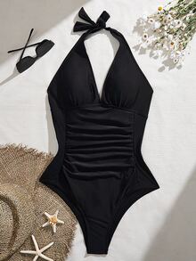 Swim Basics Summer Beach Solid Ruched Halter One Piece Swimsuit - Black - View 4
