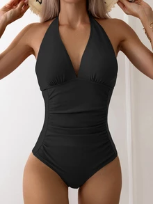 Swim Basics Summer Beach Solid Ruched Halter One Piece Swimsuit - Black - View 3