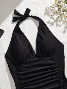 Swim Basics Summer Beach Solid Ruched Halter One Piece Swimsuit - Black - View 5