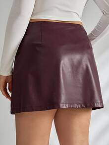 SHEIN Tall CURVE Plus Size Fitted Low-Rise Mini Skirts, Leather Skirts, Autumn Skirts - Burgundy - View 2