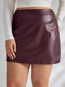 SHEIN Tall CURVE Plus Size Fitted Low-Rise Mini Skirts, Leather Skirts, Autumn Skirts - Burgundy - View 5