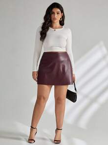 SHEIN Tall CURVE Plus Size Fitted Low-Rise Mini Skirts, Leather Skirts, Autumn Skirts - Burgundy - View 7