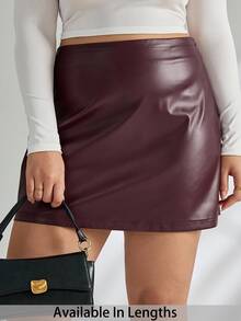 SHEIN Tall CURVE Plus Size Fitted Low-Rise Mini Skirts, Leather Skirts, Autumn Skirts - Burgundy - View 1