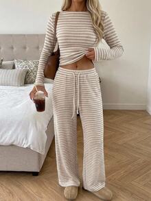 CovetEZ Women's Fashion Minimalist Round Neck Striped Pattern Long Sleeve Top & Pants 2pcs Set - Khaki - View 2