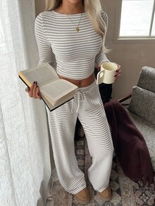 CovetEZ Women's Fashion Minimalist Round Neck Striped Pattern Long Sleeve Top & Pants 2pcs Set - Khaki - View 4