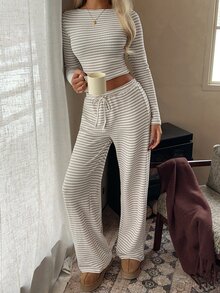 CovetEZ Women's Fashion Minimalist Round Neck Striped Pattern Long Sleeve Top & Pants 2pcs Set - Khaki - View 7