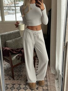 CovetEZ Women's Fashion Minimalist Round Neck Striped Pattern Long Sleeve Top & Pants 2pcs Set - Khaki - View 6