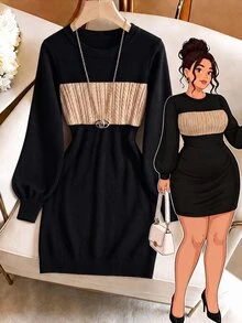 GlowEve CURVE Plus Size Autumn Winter Slim Sexy Textured 3D Twist Rope Color Block Long Sleeve Knit Sweater Dress Elegant Black Midi For Women Office Party - Multicolor - View 2