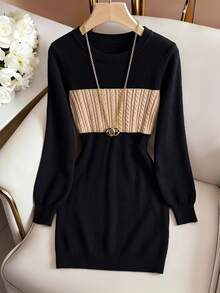 GlowEve CURVE Plus Size Autumn Winter Slim Sexy Textured 3D Twist Rope Color Block Long Sleeve Knit Sweater Dress Elegant Black Midi For Women Office Party - Multicolor - View 4
