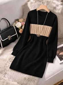 GlowEve CURVE Plus Size Autumn Winter Slim Sexy Textured 3D Twist Rope Color Block Long Sleeve Knit Sweater Dress Elegant Black Midi For Women Office Party - Multicolor - View 3