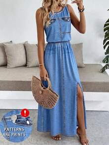 Breezaya [Denim Effect] Sleeveless Round Neck Solid Color Casual & Commute Dress With Cinched Waist And Split Hem For Women - Medium Wash - View 1