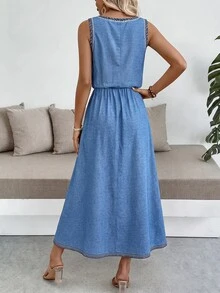 Breezaya [Denim Effect] Sleeveless Round Neck Solid Color Casual & Commute Dress With Cinched Waist And Split Hem For Women - Medium Wash - View 7