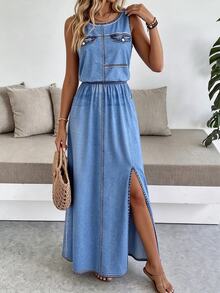 Breezaya [Denim Effect] Sleeveless Round Neck Solid Color Casual & Commute Dress With Cinched Waist And Split Hem For Women - Medium Wash - View 4