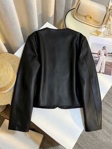 EMERY ROSE Plus Size Women's Solid Color PU Leather Single-Breasted Casual Versatile Daily Jacket Winter - Black - View 2