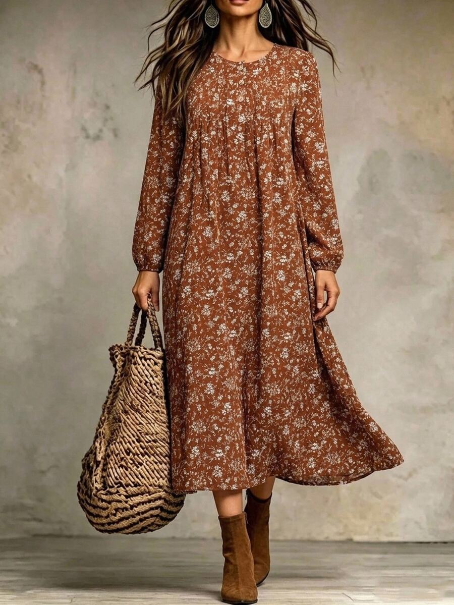 EMERY ROSE Women's Round Neck Pleated Casual Party Mid-Length Dress - Multicolor - View 1
