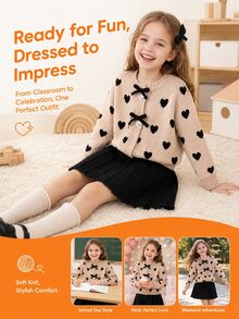 SHEIN Playful Pals 女童厚針織蝴蝶結裝飾開襟衫，可愛簡約公主娃娃風長袖愛心毛衣，適合冬季校園，親子穿搭，秋季棕色 - 杏色 - 查看 8