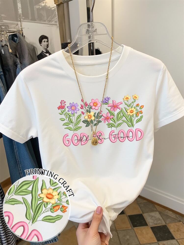 SHEIN [Printed Design] Letter Slogan Graphic Print Casual Cottagecore Graphic Round Neck Short Sleeve T-Shirt For Women, Gift For Friends Brunch White Summer - White - View 1