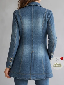 SHEIN Holidaya [Denim Effect] 新款復古軍裝風雙排扣牛仔效果印花女款外套，修身收腰翻領長袖夾克 - 藍色 - 查看 6