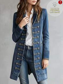 SHEIN Holidaya [Denim Effect] 新款復古軍裝風雙排扣牛仔效果印花女款外套，修身收腰翻領長袖夾克 - 藍色 - 查看 4
