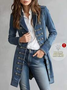 SHEIN Holidaya [Denim Effect] 新款復古軍裝風雙排扣牛仔效果印花女款外套，修身收腰翻領長袖夾克 - 藍色 - 查看 3