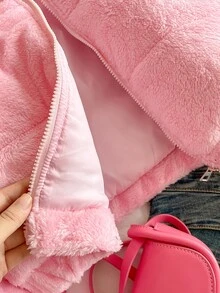 女童淺粉色冬季可愛端莊日系校園風毛茸茸加厚抽繩收腰連帽夾克，街頭穿搭 Y2K 鋪棉外套，校外社團風 - 粉色 - 查看 9