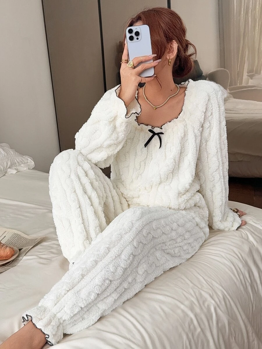 Napfluff Women's Jacquard Fleece Bowknot Decor Long Sleeve Top And Pants Plush Soft Comfortable Fluffy Pajama Set, Ruffle Contrast Trim Design, Autumn/Winter Clothing - White - View 1