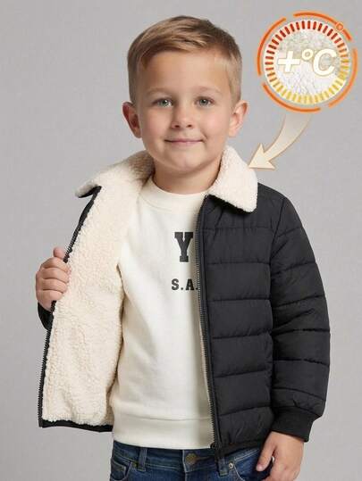 SHEIN Chaqueta gruesa de estilo casual para niños jóvenes con diseño holgado japonés y coreano, estilo de bloques de color blanco puro y negro con cuello de solapa, adecuada para el transporte diario a la escuela, salidas casuales y ropa deportiva, opción ideal para otoño e invierno