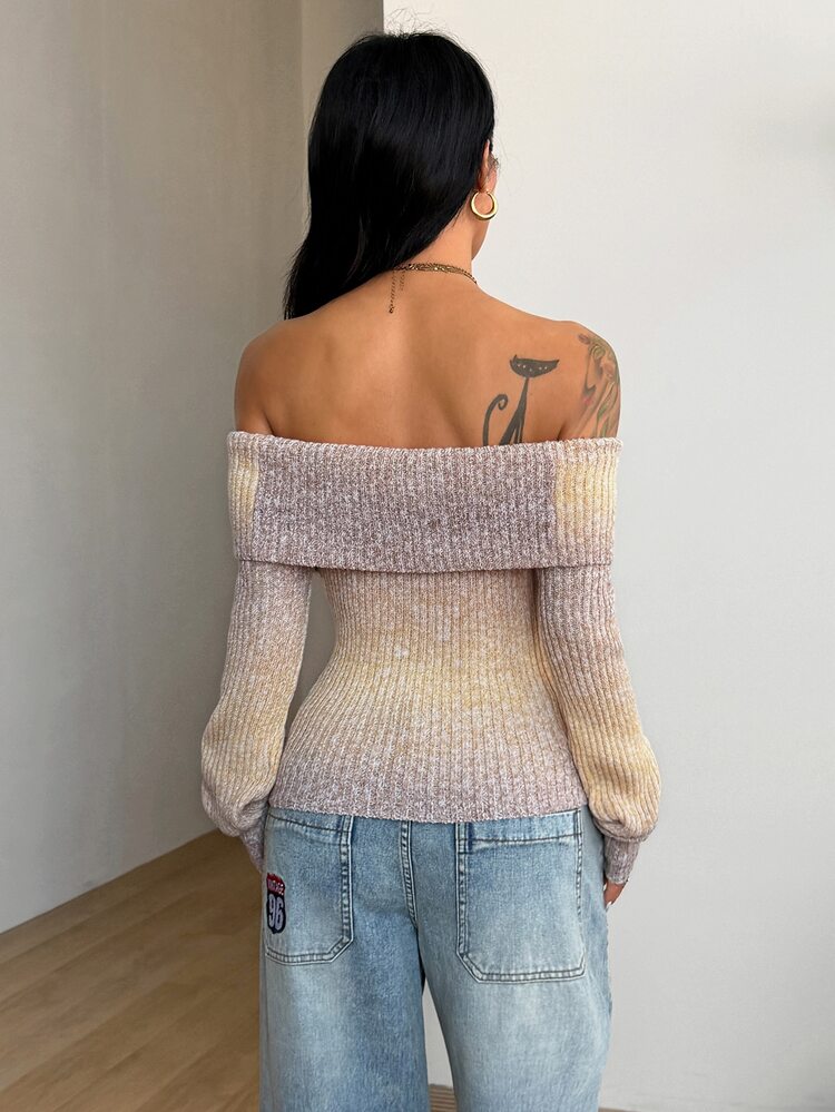 Coolane Women's Fall/Winter Streetwear Casual Y2k Vintage Daily Wear Warm Knit Stretchy Comfortable Burnt Orange Bustier Off The Shoulder Sweater - Khaki - View 6