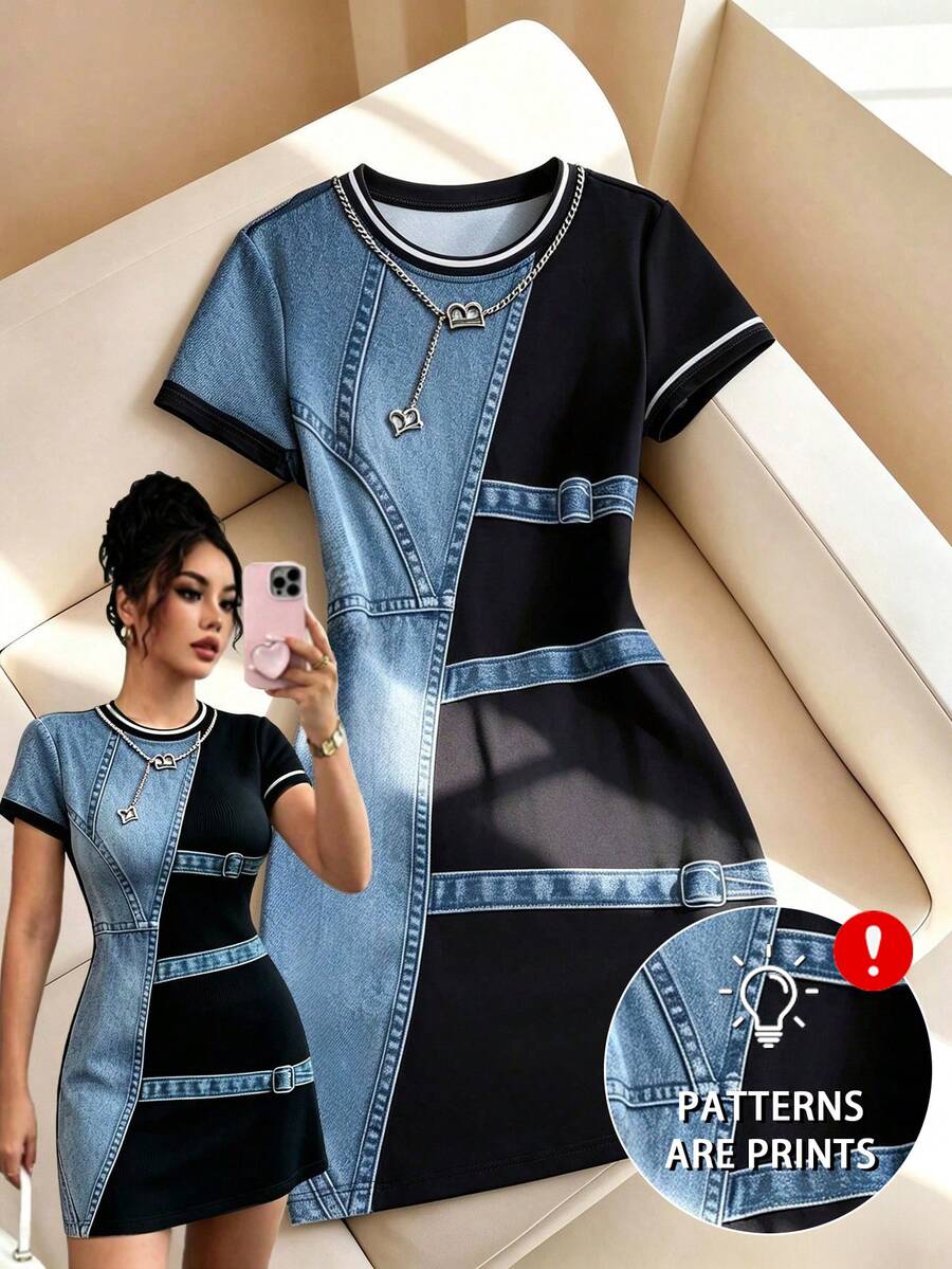 GlowEve [Efek Denim] Gaun Kasual Wanita Panjang Sedang Motif Digital Efek Denim Leher Bulat Lengan Pendek Cocok Untuk Kerja dan Perjalanan - MultiWarna - View 1