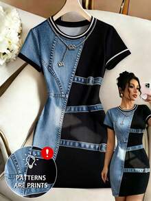 GlowEve [Efek Denim] Gaun Kasual Wanita Panjang Sedang Motif Digital Efek Denim Leher Bulat Lengan Pendek Cocok Untuk Kerja dan Perjalanan - MultiWarna - View 3