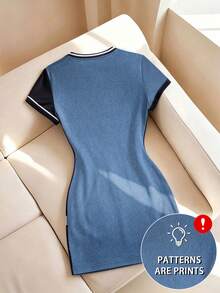 GlowEve [Efek Denim] Gaun Kasual Wanita Panjang Sedang Motif Digital Efek Denim Leher Bulat Lengan Pendek Cocok Untuk Kerja dan Perjalanan - MultiWarna - View 2