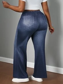 SHEIN PETITE CURVE 大码休闲牛仔喇叭裤，适合秋季、冬季、返校季、商务休闲、办公室、工作、教师等场合，女士曲线款，大码裤装，大码喇叭裤，大码阔腿裤，女士喇叭裤 - 藍色 - 查看 3