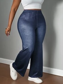 SHEIN PETITE CURVE 大码休闲牛仔喇叭裤，适合秋季、冬季、返校季、商务休闲、办公室、工作、教师等场合，女士曲线款，大码裤装，大码喇叭裤，大码阔腿裤，女士喇叭裤 - 藍色 - 查看 5