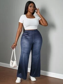 SHEIN PETITE CURVE 大码休闲牛仔喇叭裤，适合秋季、冬季、返校季、商务休闲、办公室、工作、教师等场合，女士曲线款，大码裤装，大码喇叭裤，大码阔腿裤，女士喇叭裤 - 藍色 - 查看 7