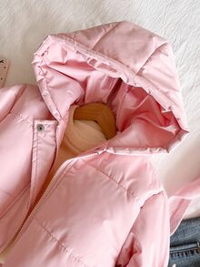 SHEIN Cute Kawaii Thick Hooded Winter Jacket For Tween Girls, Long Sleeve, Fleece, Baby‑Pink Coat With 3D Bow Decor - Pink - View 5